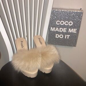 Chunky high heeled mules with real fur